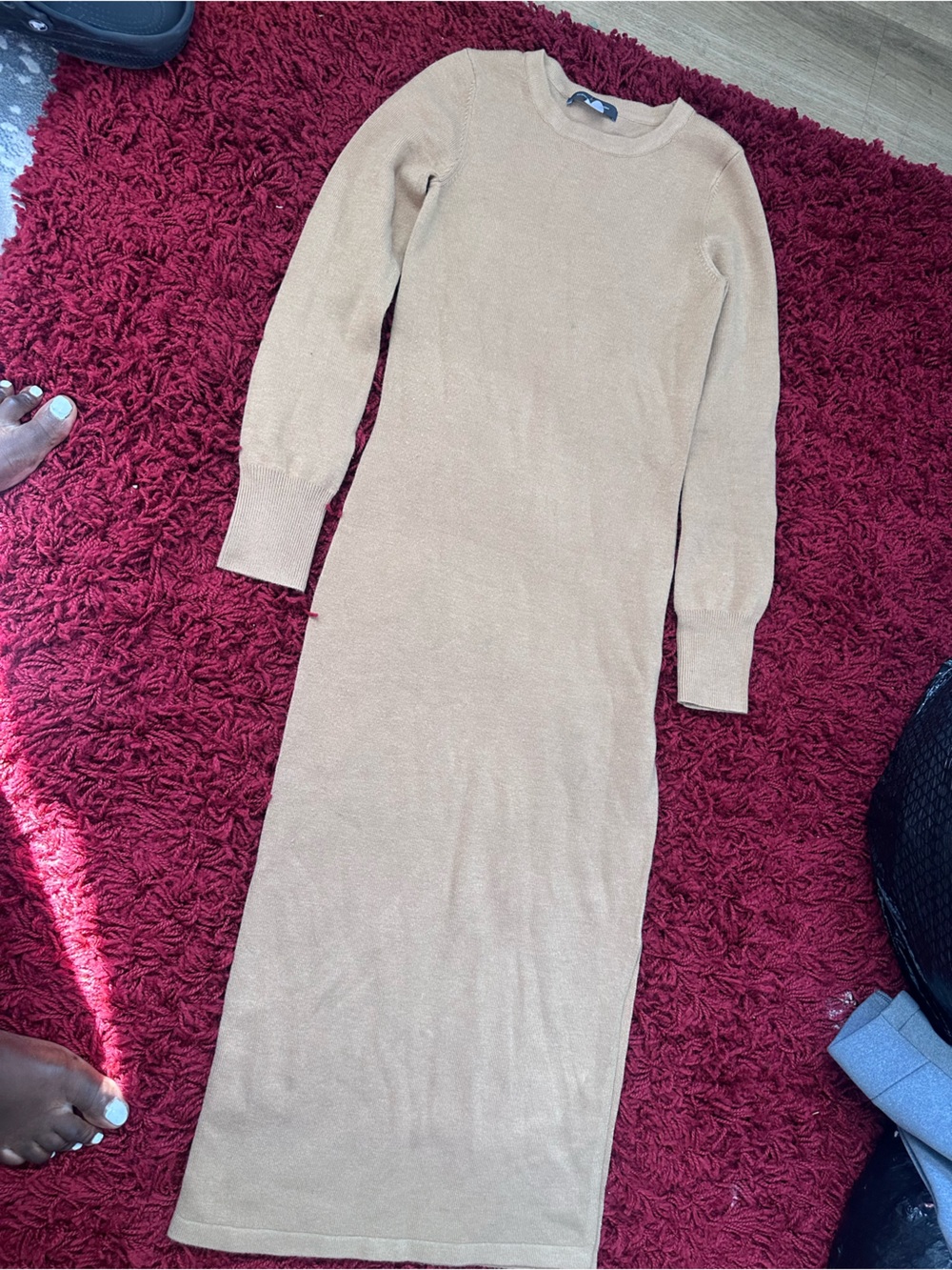 French Connection Camel Ribbed Long-Sleeve Knit Jumpsuit
